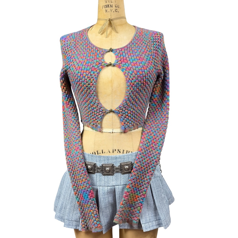 Colorful Keyhole Knit Cutout Cardigan Popcorn Textured Long Sleeve Y2K Bolero S
